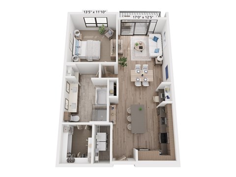 Floor plan for 1 bed, 1 bath, 944 sqft
